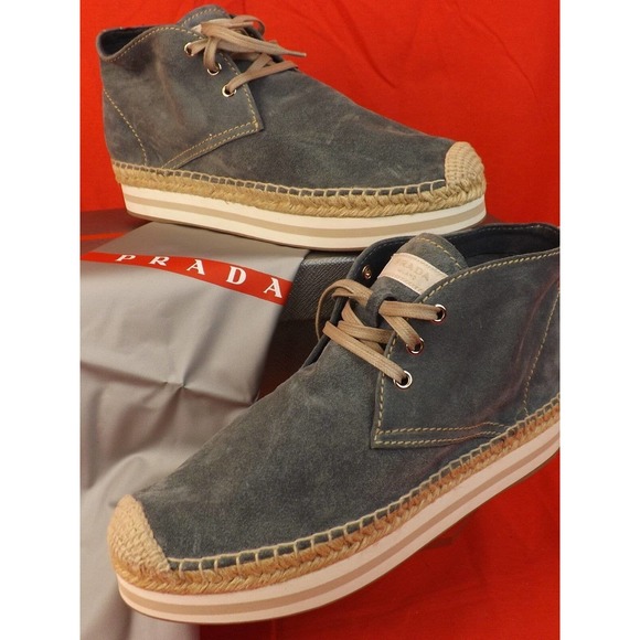 NIB PRADA BLUE SUEDE LACE UP LOGO ESPADRILLES CHUKKA BOOTS 39 8.5 $ 525 - Picture 1 of 12